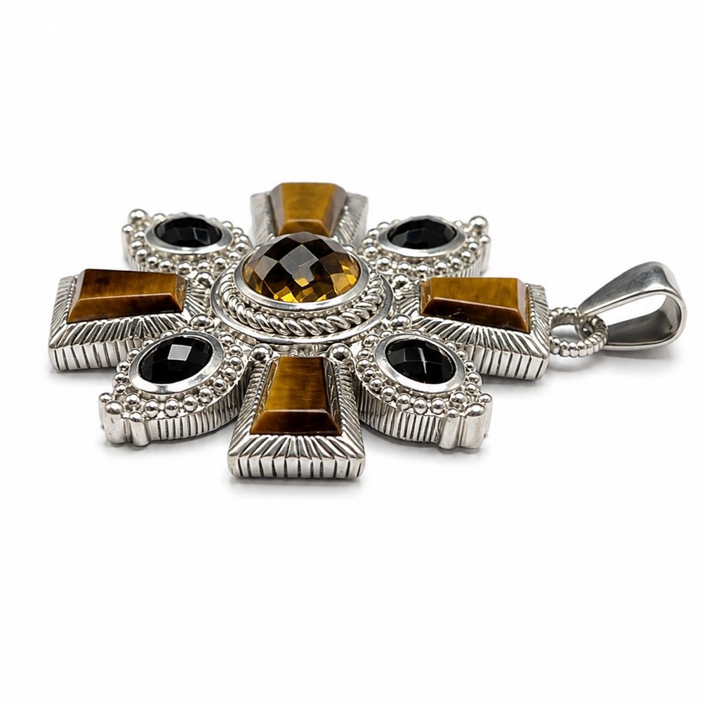 JUDITH RIPKA 925 Sterling Silver Citrine Tiger’s Eye Onyx Maltese Pendant - Picture 10 of 14